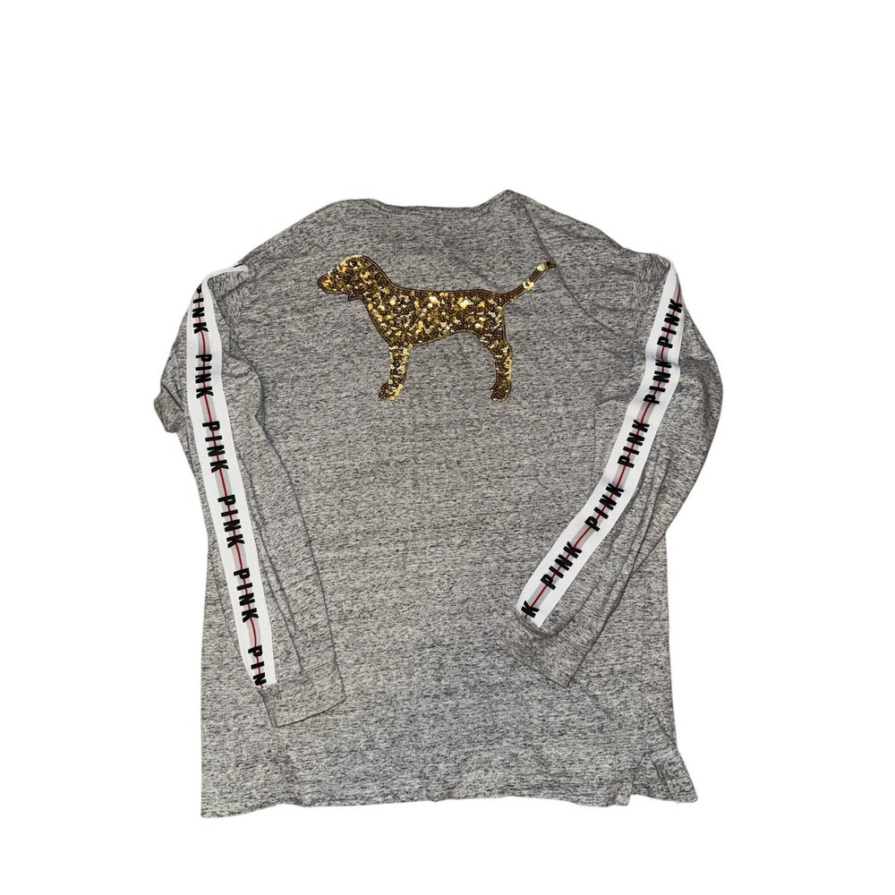 Victorias Secret PINK Long Sleeve Bling Dog Logo Campus Tee Medium Gray